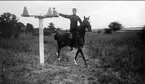 Sabelfäktning till häst på Österängen, Strömsholm 1910-11. Sjön Freden i bakgrunden.