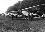 1935. Manöver i Skåne. En varg på flygkroppen symboliserade vän, en röd räv fiende.