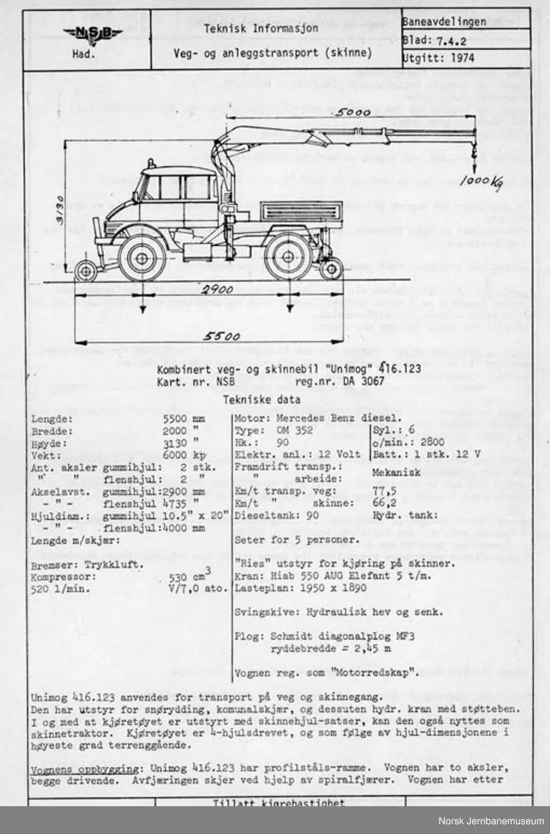 Mercedes Unimog lastebil med kran og med utstyr for skinnedrift