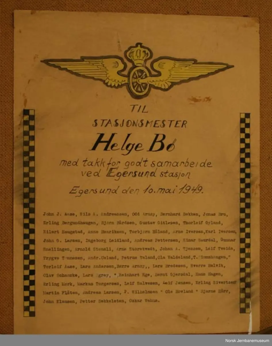 The painting was giftet station master Helge Bø when he retired from his post at Egersund station in 1949. It is painted on panel (huntonitt). ''O. Bøchmann'' is a pseudonym for the railwayman Olav Hovland. It was given to the museum in 2010. 