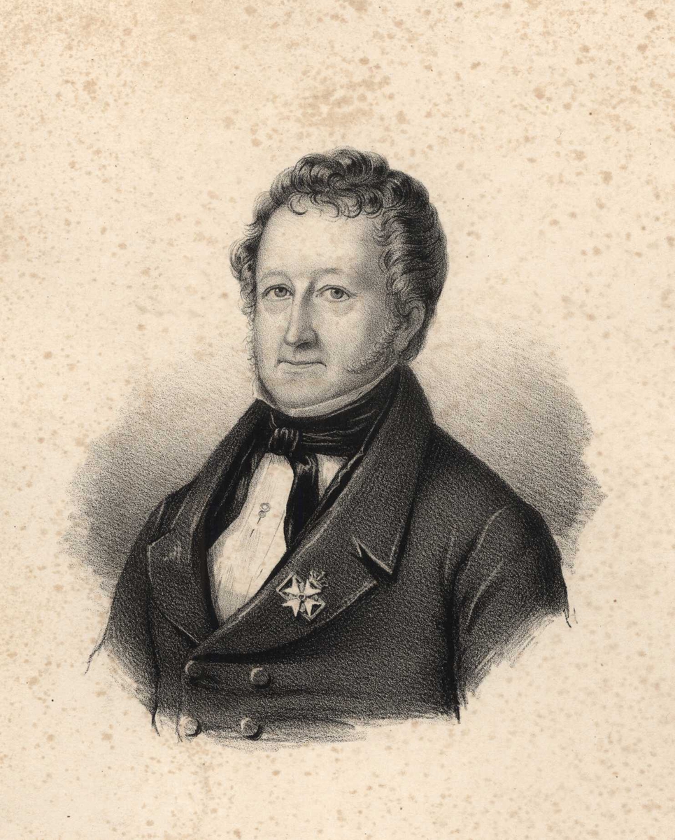 Portrett, brystbilde av G.P. Blom i frakk med orden