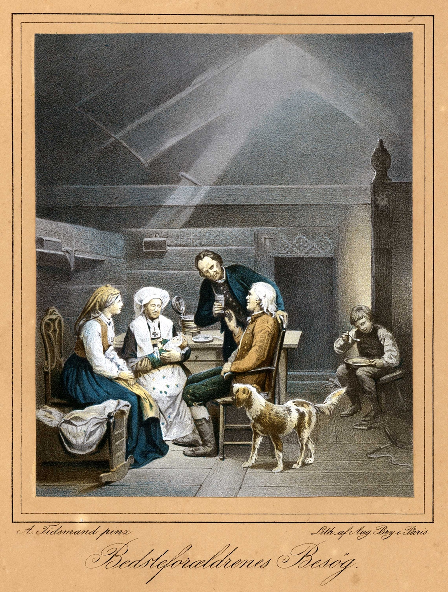 Litografi etter maleri av A. Tidemand. "Bedsteforeældrenes Besök". Interiør, mennesker sitter ved bord, samt hund og vogge.