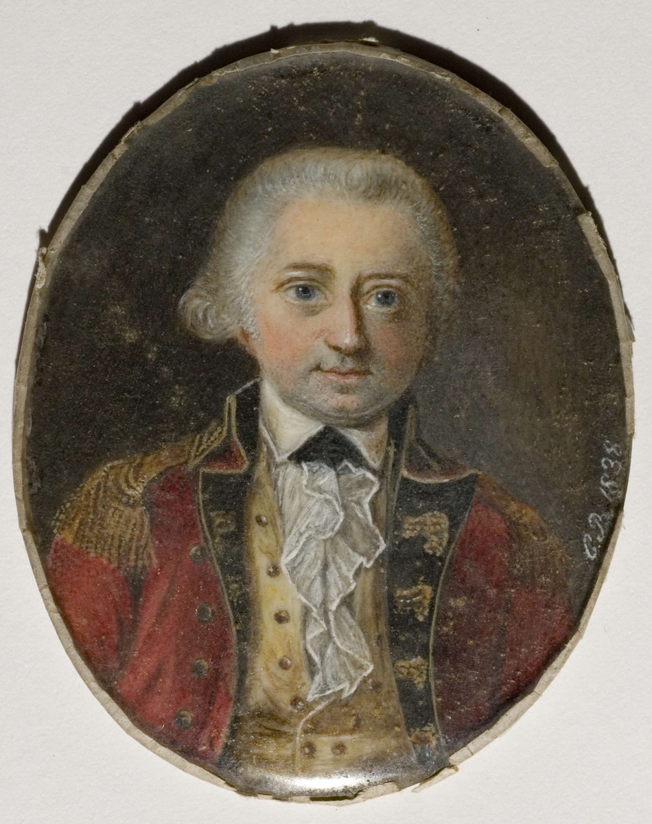 Brystbilde av Peder Anker iført rød uniform/drakt med epåletter.