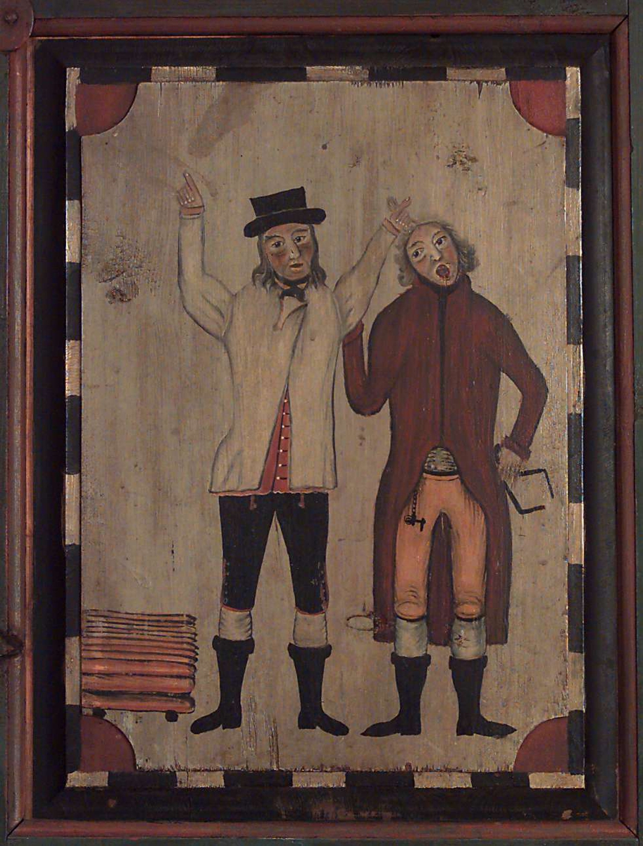 Malt av Olav (Ola) Hansson (1760-1843) fra Hovin, den mest særpregede rosemaleren i Telemark. Olav Hansson gikk mellom 1780-1800 bort fra en bypåvirket stil til en mer selvstendig måte å male på, og han forble en ener de neste 40 år. Særegen var hans bruk av figurscener fra bondens liv innimellom rosene. Her vises bonden som slåss med tømmermerkeren som har snytt ham på målet.
