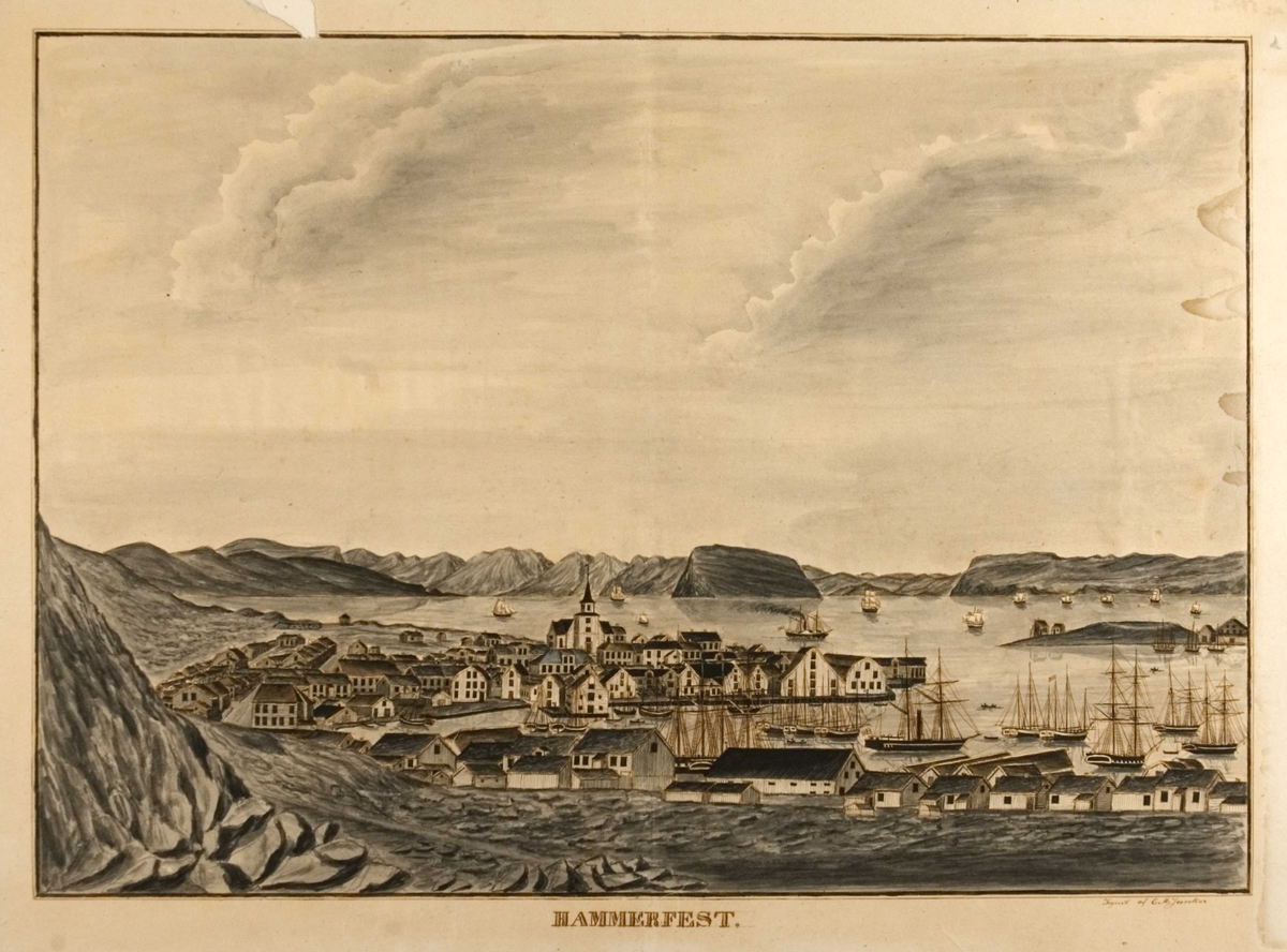 Kystlandskap med bybebyggelse, kirke og seilskuter