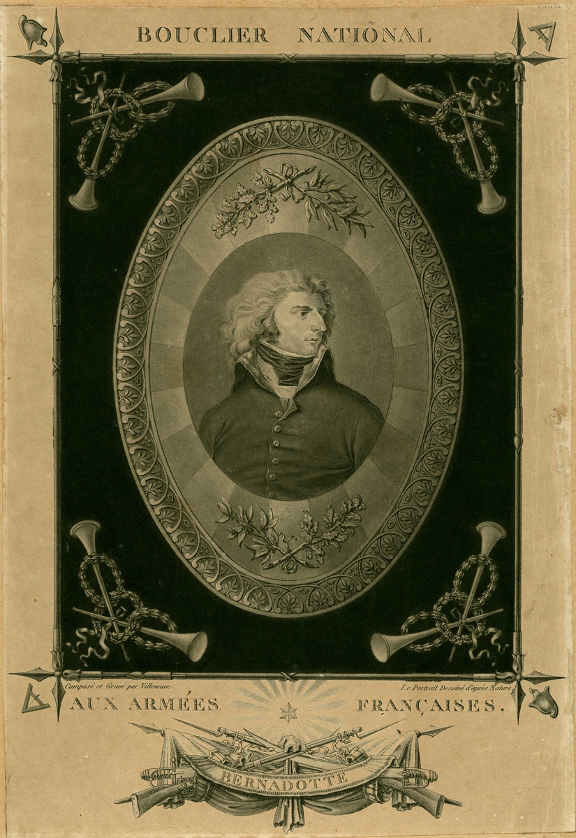 Portrett, brystbilde av Jean B. Bernadotte i oval ramme dekorert med militære symboler og laurbær.