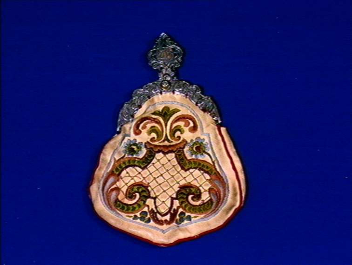 Løslomme i skinn med lås av messing og flerfarget brodert dekor,