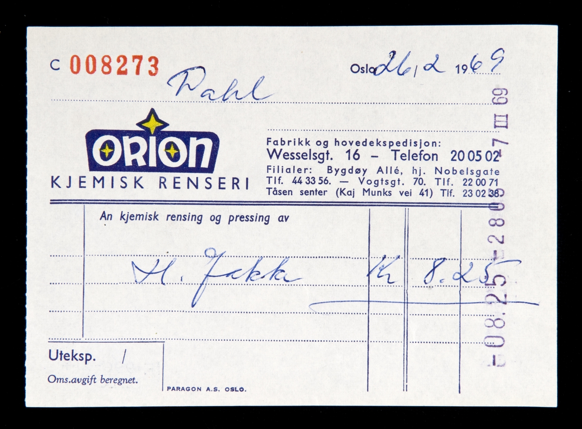Kvittering for rens av herrejakke.