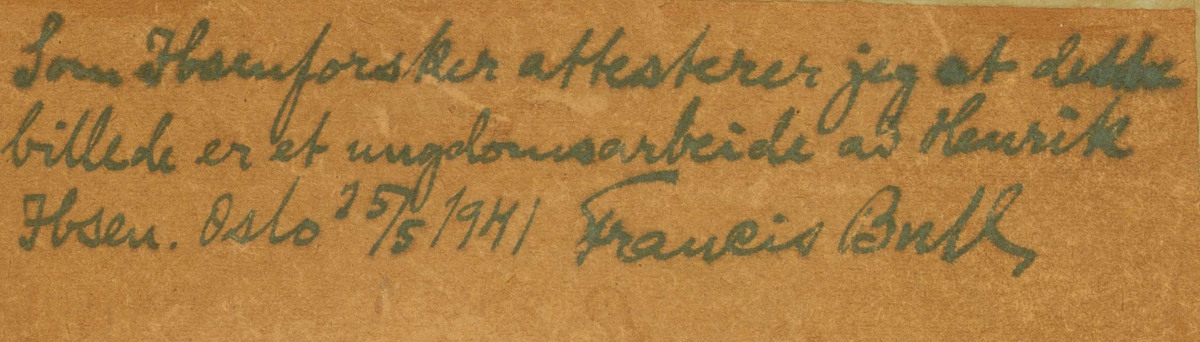 Oppstillingsliste: "Ramme: Forgylt / Henrik Ibsen: Vøringsfossen // Innskrift på baksiden sign. Francis Bull."
Akvarell i ramme.