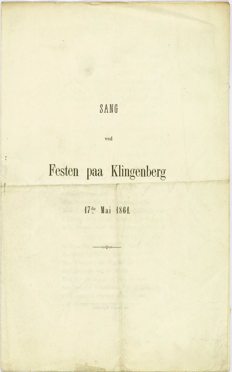 Oppstillingsliste: " Flyveblad / Papir / Henrik Ibsen: Sang ved Festen paa Klingenberg 17de Mai 1861."