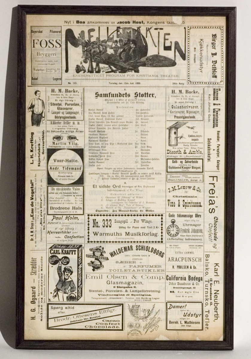 Oppstillingsliste: " Rolleliste (fra "Mellemakten") /  papir //
"Samfundets Støtter " Christiania Theater 1899."