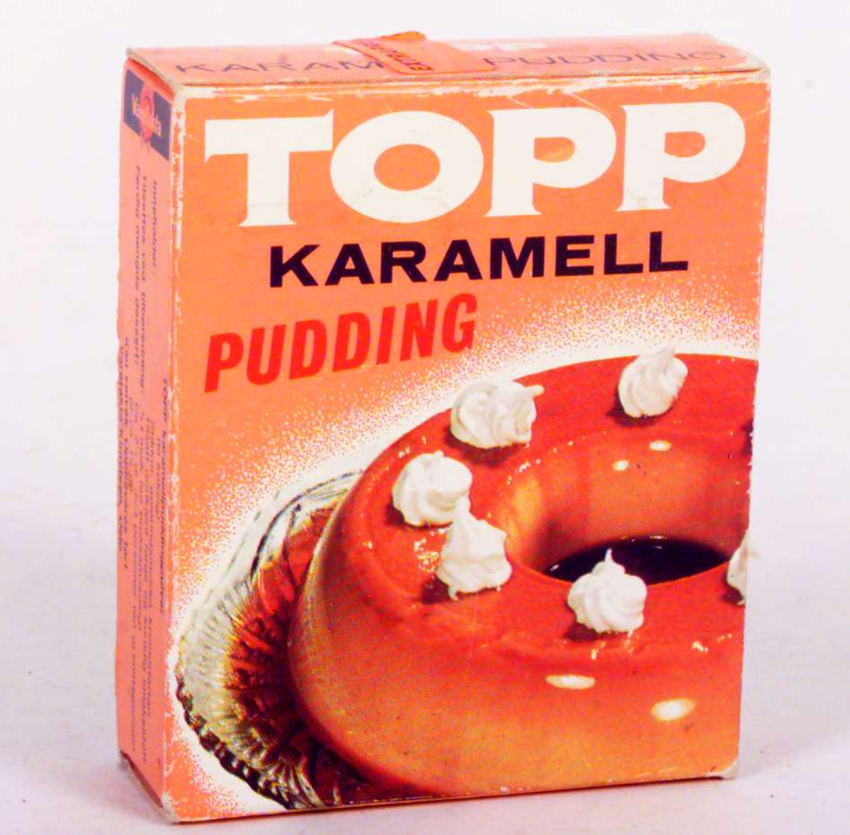 Karamellpuddingeske med innhold, uåpnet.