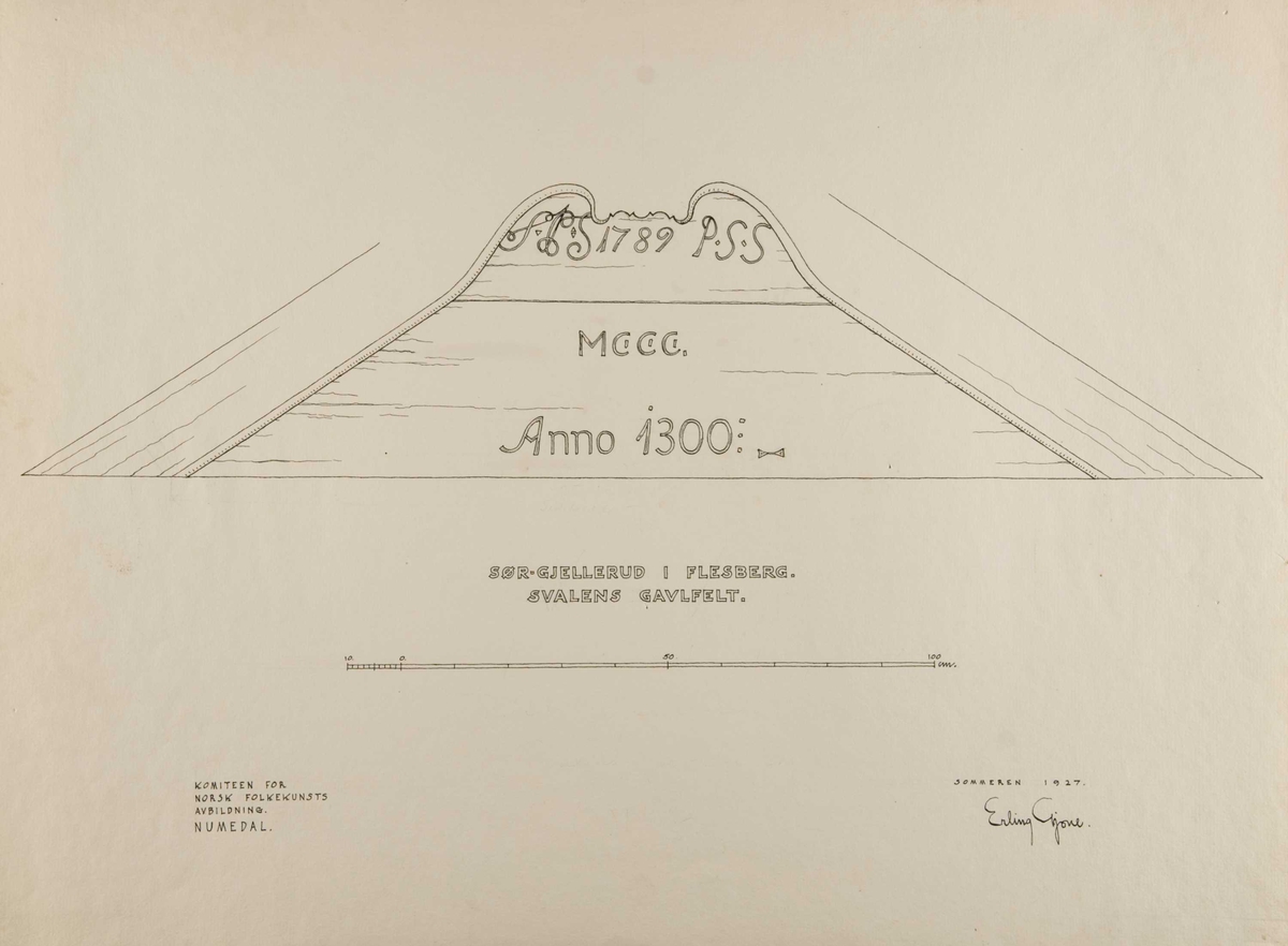 Erling Gjones tegning (1929) av svalens gavlfelt, Søre Gjellerud, Flesberg, Buskerud.