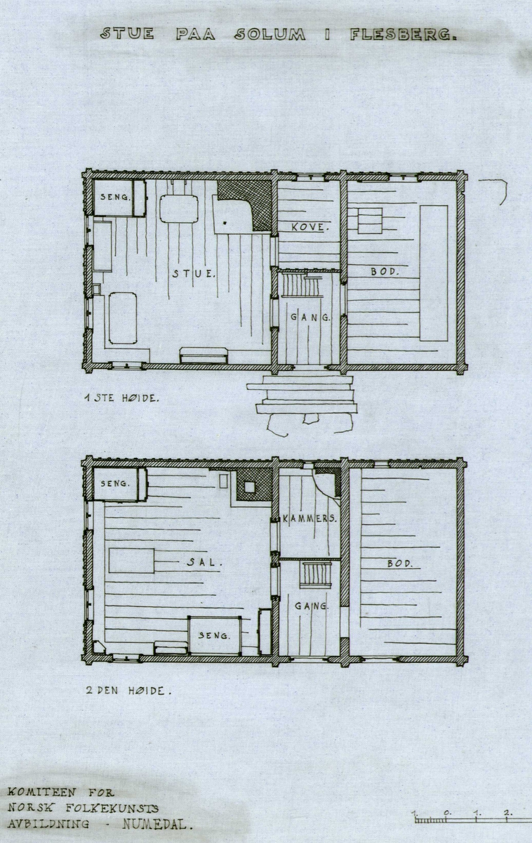 Erling Gjones tegning (1927) av stue på Storemoen i Rollag og stue på Solum i Flesberg, Buskerud. Plantegning.