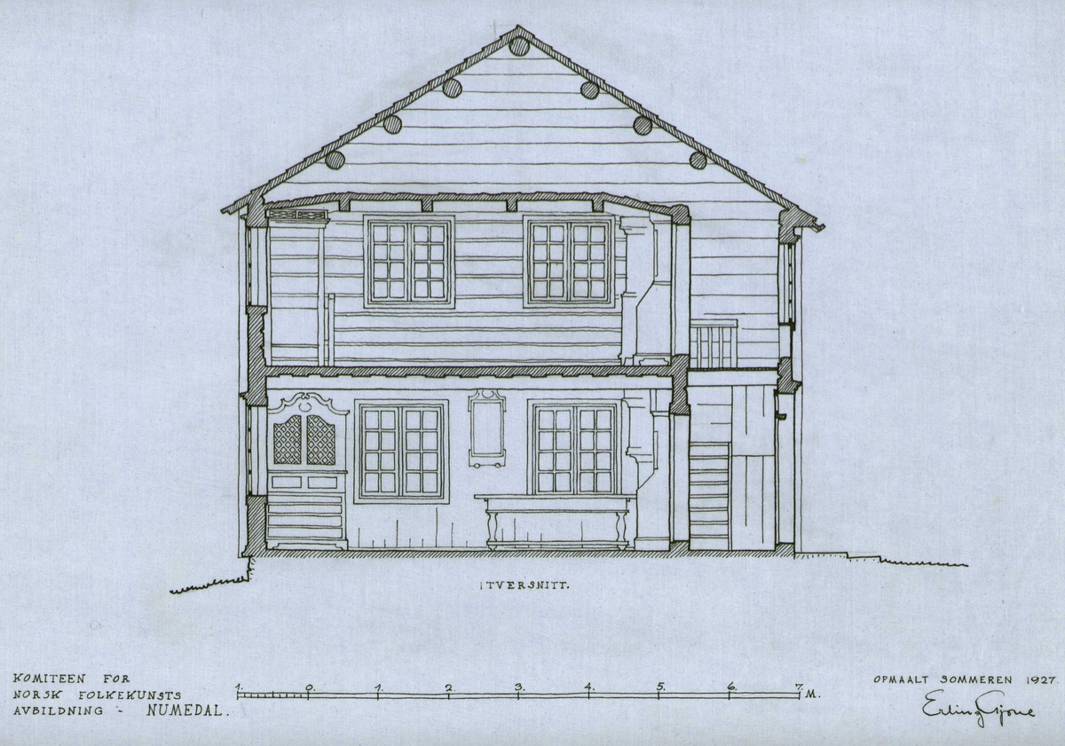 Erling Gjones tegning (1927) av stue på Storemoen i Rollag, Buskerud. Snittegning.