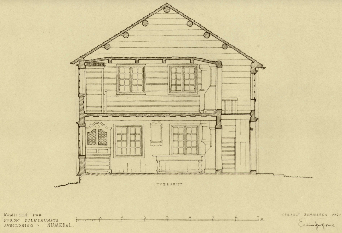 Erling Gjones tegning (1927) av stue på Storemoen i Rollag, Buskrud. Snittegning.