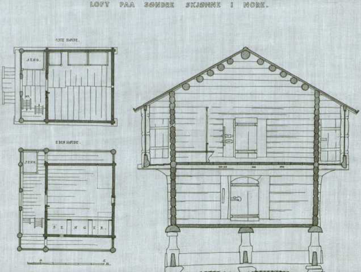 Erling Gjones tegning (1925) av loft på Søndre Skjønne i Nore og Uvdal, Buskerud. Plan- og snittegning.
 