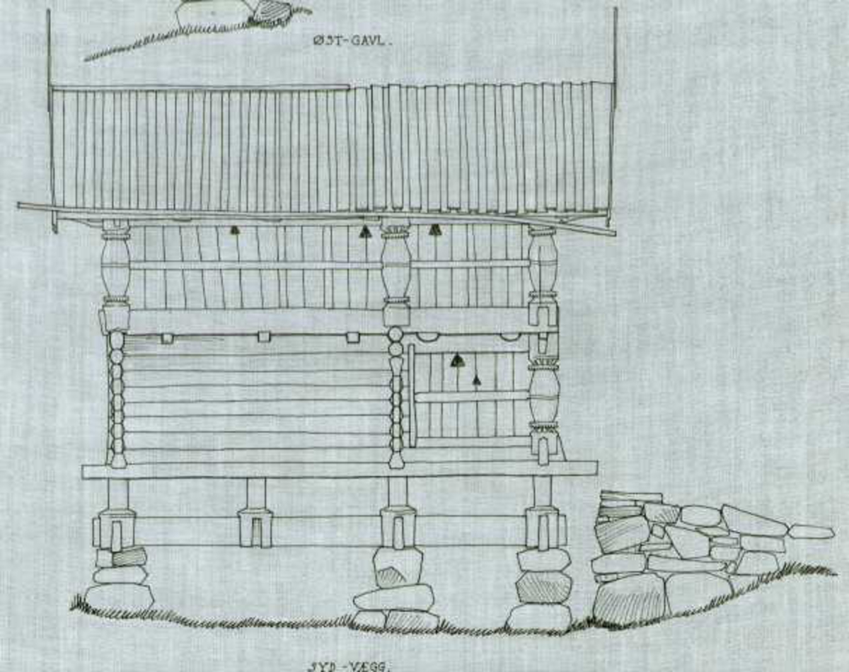 Erling Gjones tegning (1925) av loft på Nørdstebø i Nore og Uvdal, Buskerud.