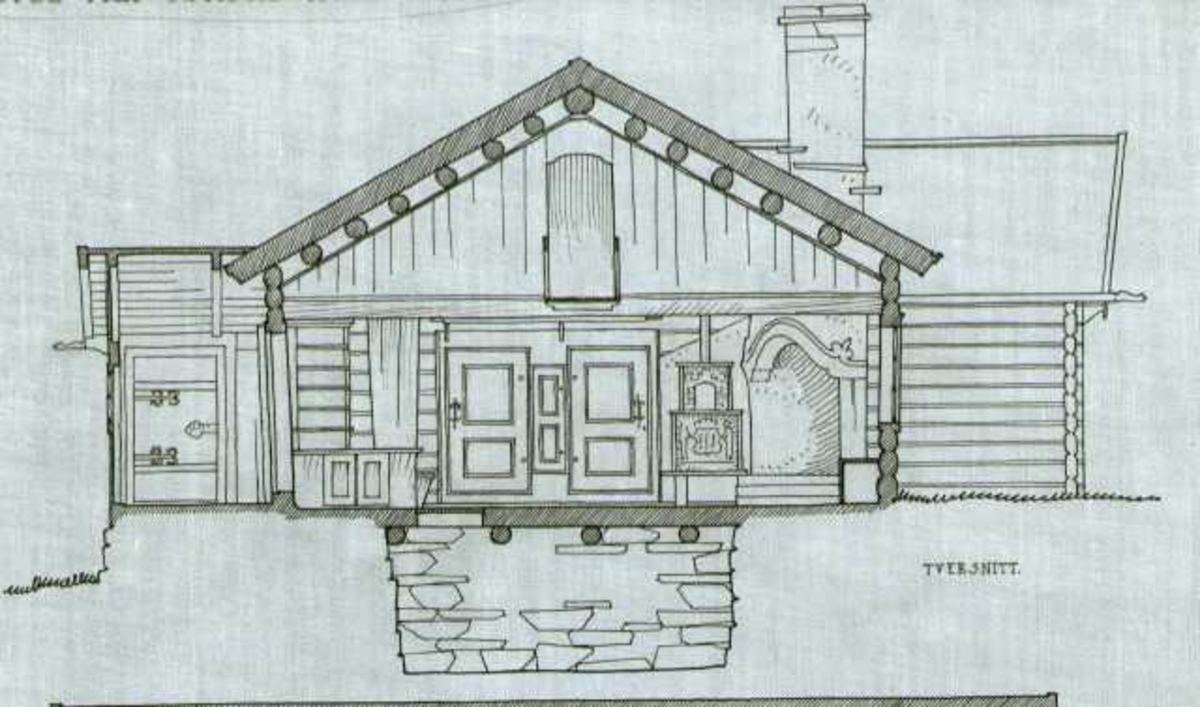 Erling Gjones tegning (1926) av stue på Søre Ro i Nore og Uvdal, Buskerud. Plan- og snittegning.