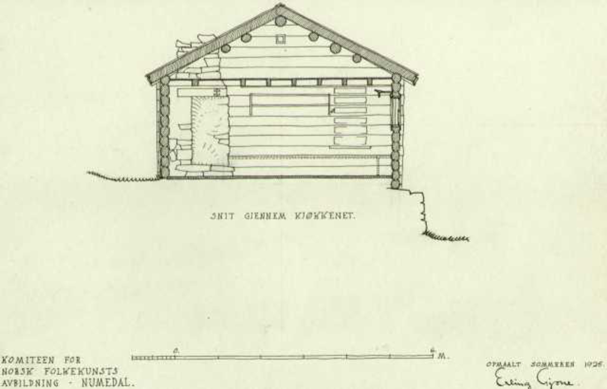 Erling Gjones tegning (1925) av tingstuen på Røysland i Nore og Uvdal, Buskerud. Snittegning.
