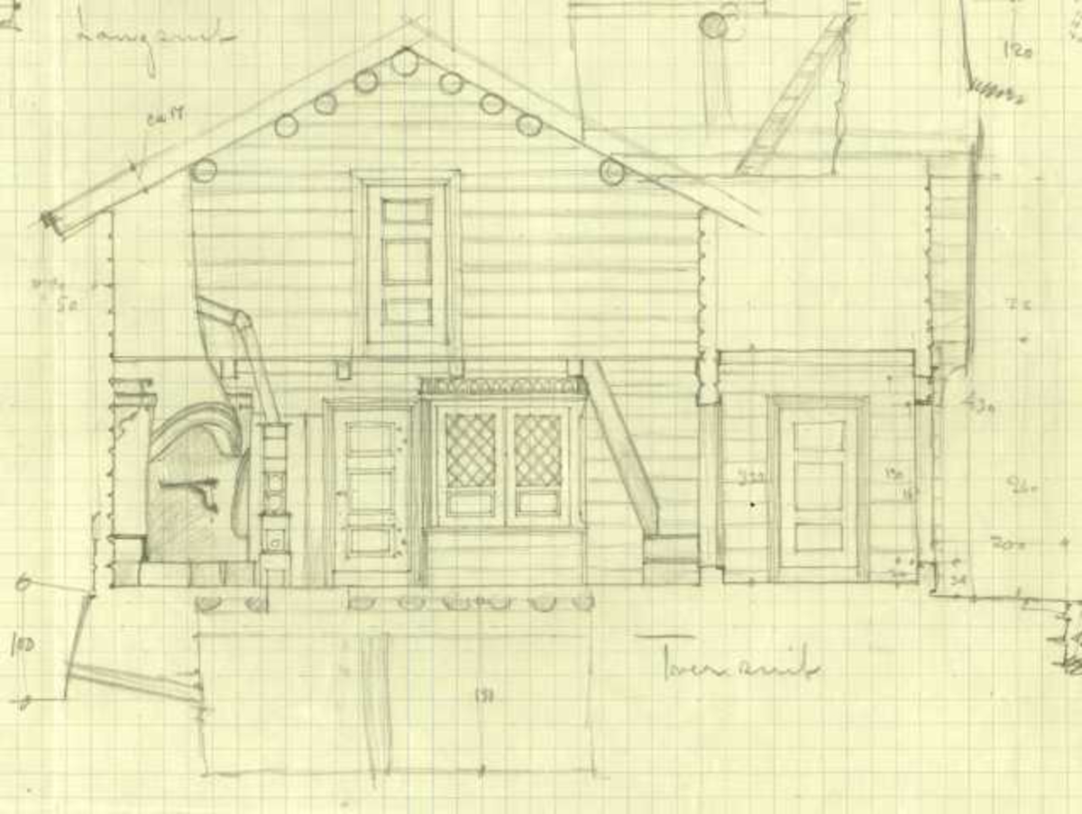Erling Gjones tegning (1925) av stue, Gallaker, Nore og Uvdal, Buskerud. Plan- og snittegning.