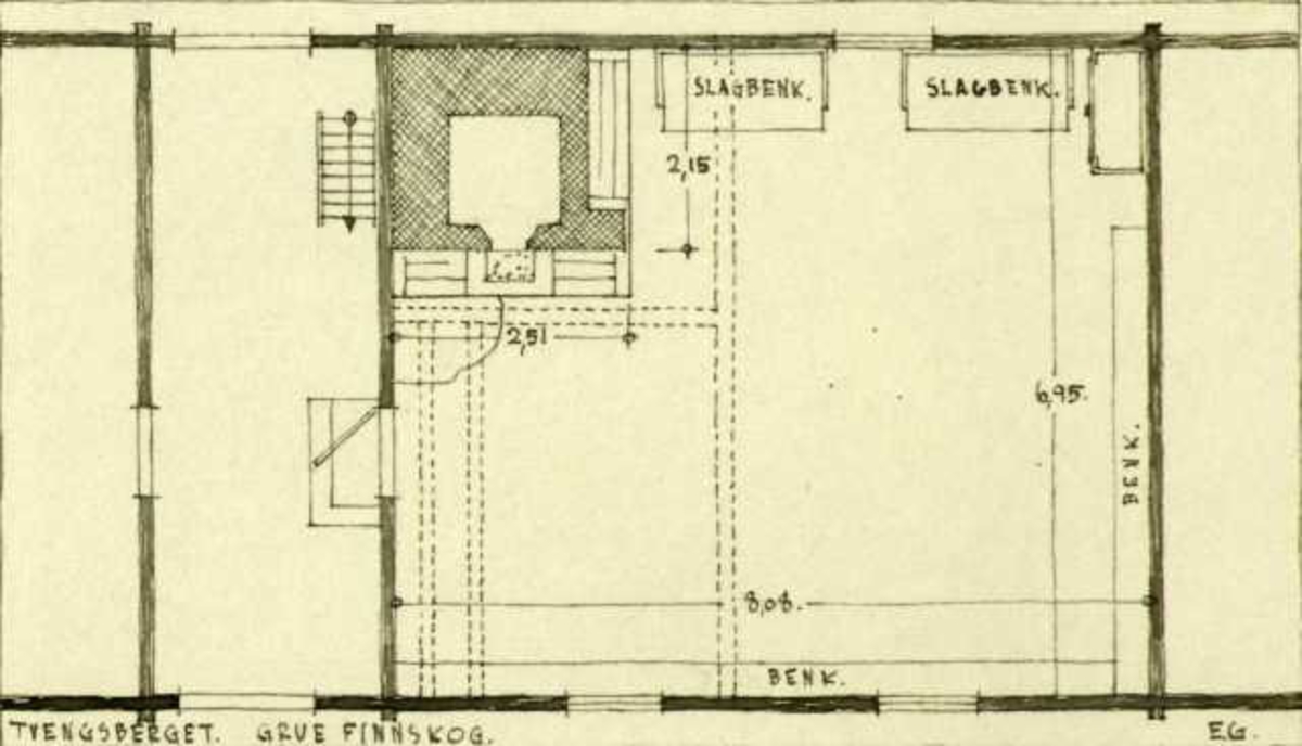 Erling Gjones oppmåling av røykovnstue, Tvengsberget, Grue Finnskog, Grue, Hedmark. Plantegning.