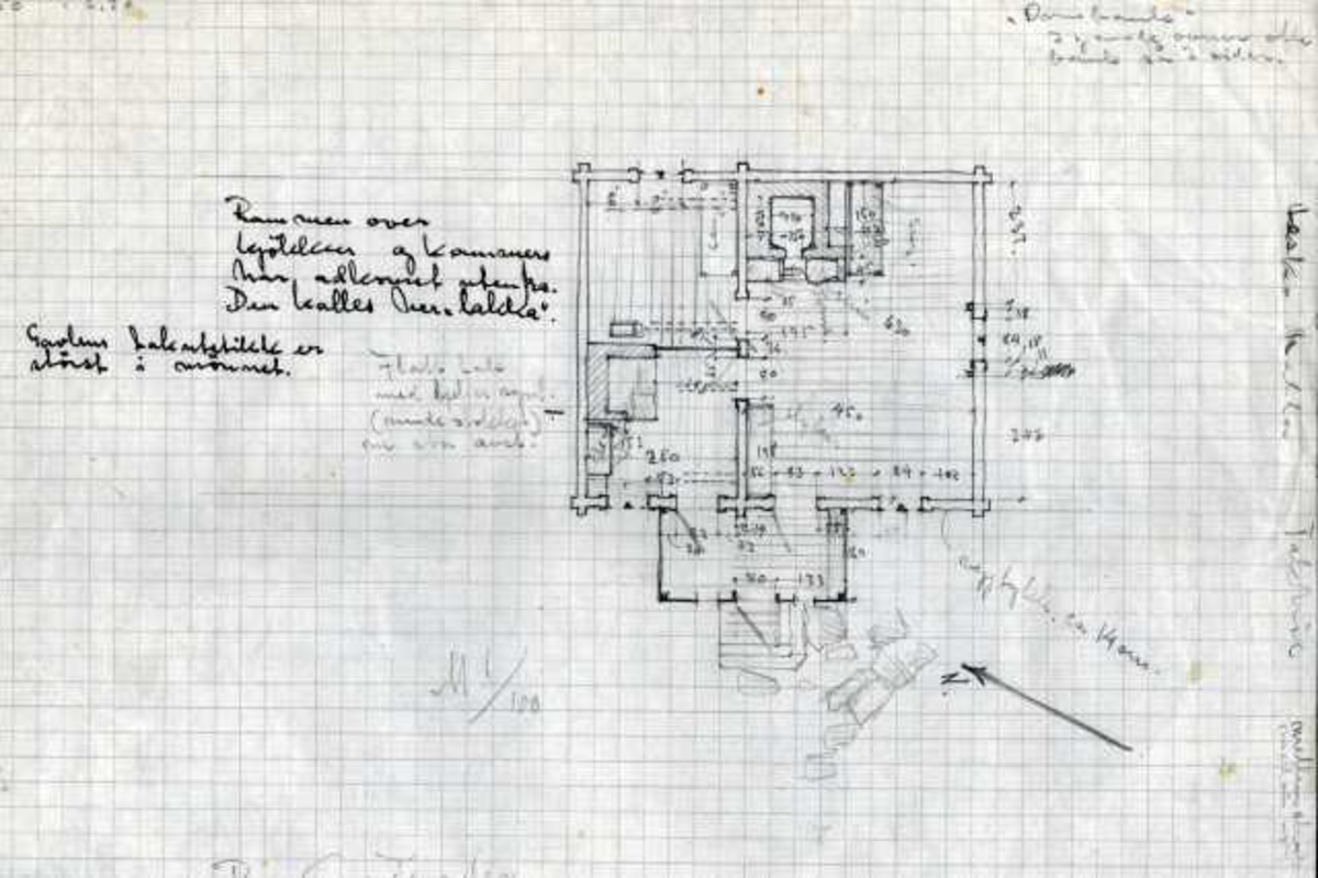 Erling Gjones tegning (1935) av stue, Ryen, Grue, Finnskog, Hedmark. Plan- og snittegning.