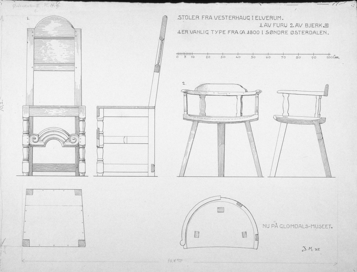 Johan J. Meyers tegning (1935) av stoler fra Vesterhaug, Elverum, Hedmark. Nå på Glomdalsmuseet.