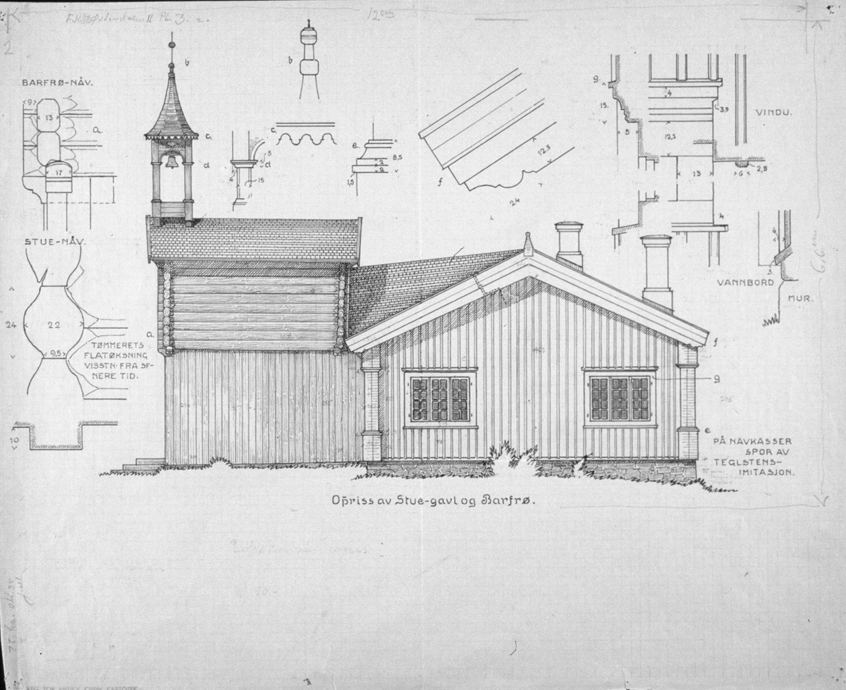 Johan J. Meyers tegning (1935) av barfrøstue, Trønnes, Stor-Elvdal, Hedmark.