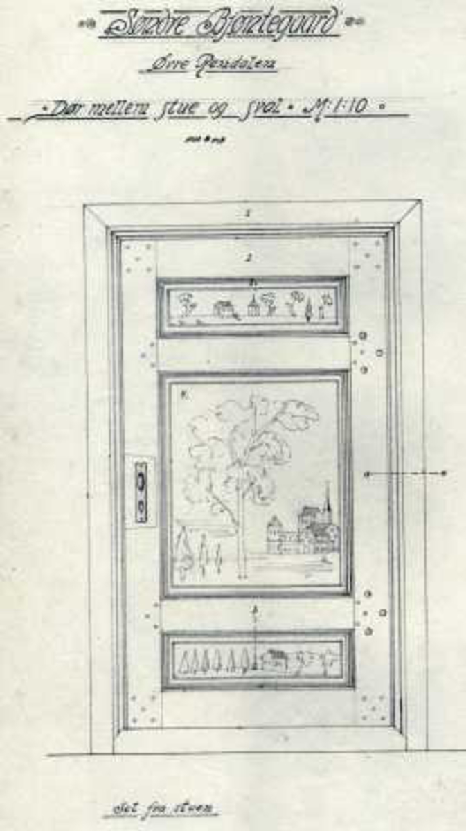 Ole Halvorsens tegning (1920) av dør, bord og profiler, Søndre Bjøntegård, Øvre Rendal, Rendalen, Hedmark.