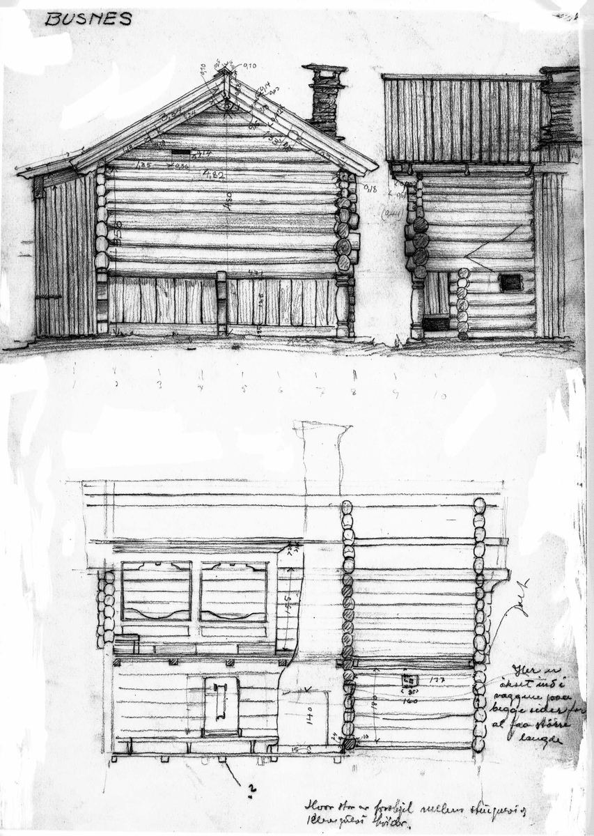 Tegning av stuebygning, Busnes, Gransherad, Telemark.