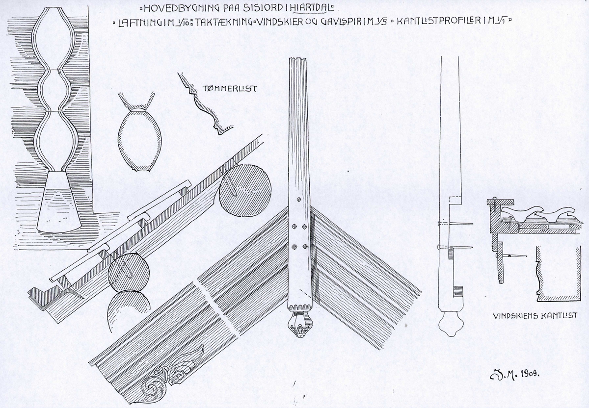 Johan J. Meyers tegning (1909) av bygningsdetaljer på hovedbygning, Sisjord, Hjartdal, Telemark.
