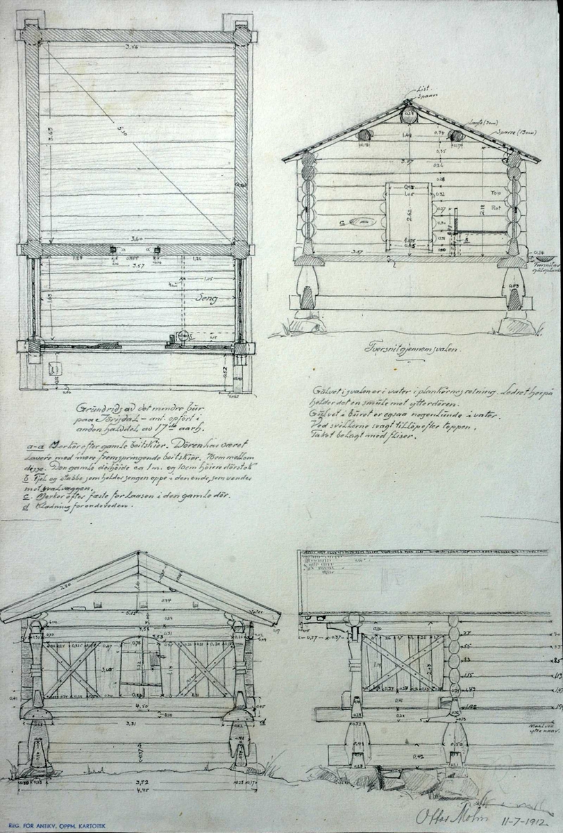 Otto Mohns tegning (1912) av bur, Jørisdal, Hovin, Tinn, Telemark.