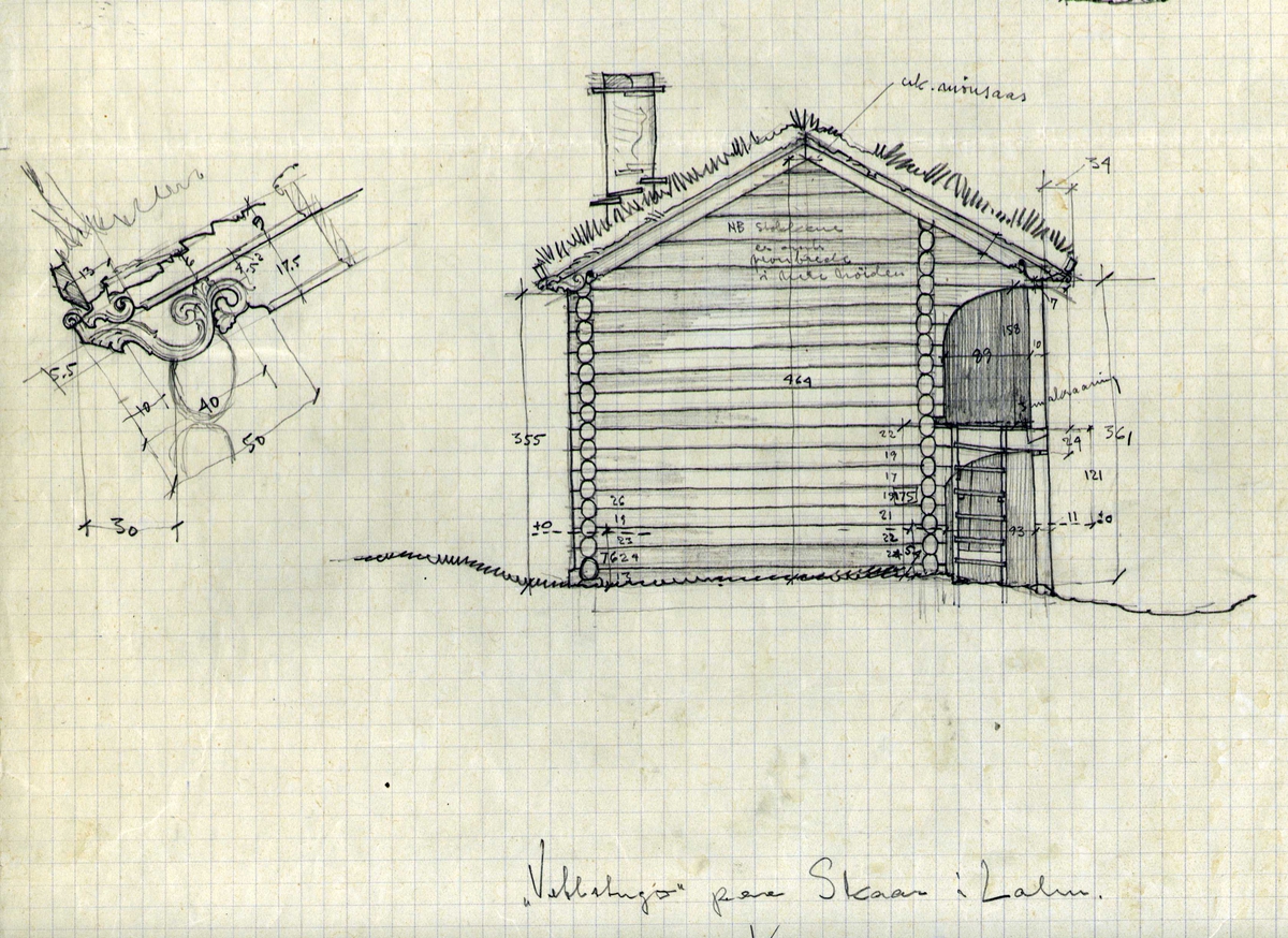 Erling Gjones forarbeide (1929) til oppmåling av stue, Skår, Lalm, Vågå, Oppland.