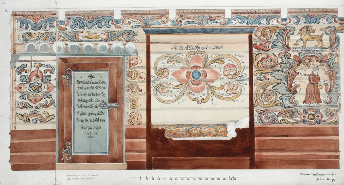 Johan J. Meyers akvarell (1907) av rosemalt stueinteriør, ant. Kleppen, Heddal, Notodden, Telemark. Malt av Ole Hansen 1804.