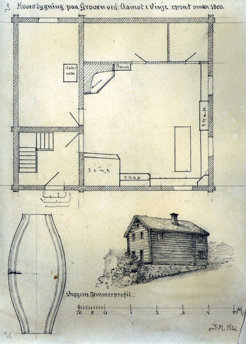Johan J. Meyers tegninger (1919-1921) av div. bygningsdetaljer på forskjellige gårder i Vinje, Telemark.

1 a) Plantegning av gamlestuen, nedtatt 1799 og delvis brukt i låven, Loftsgarden, Vinje, Telemark.
1 b) Gamlestuen på Groven, Vinje, Telemark.
2. Hovedbygningen, oppsatt ca. 1800, Groven, Vinje, Telemark.
3. Gjestestue, Norgarden, Vinje, Telemark.
4. Hovedbygning, Botne, Vinje, Telemark. Stuen bygd ca. 1700, andre etg. påbygd 1802.
5. Peis, Gugarden, Vinje, Telemark.
6. Plantegning av gjestestue og stue, Gardsjord, Rauland, Telemark.
7 og 8. Plantegning av stue, datert 1747, Edland, Vinje, Telemark.