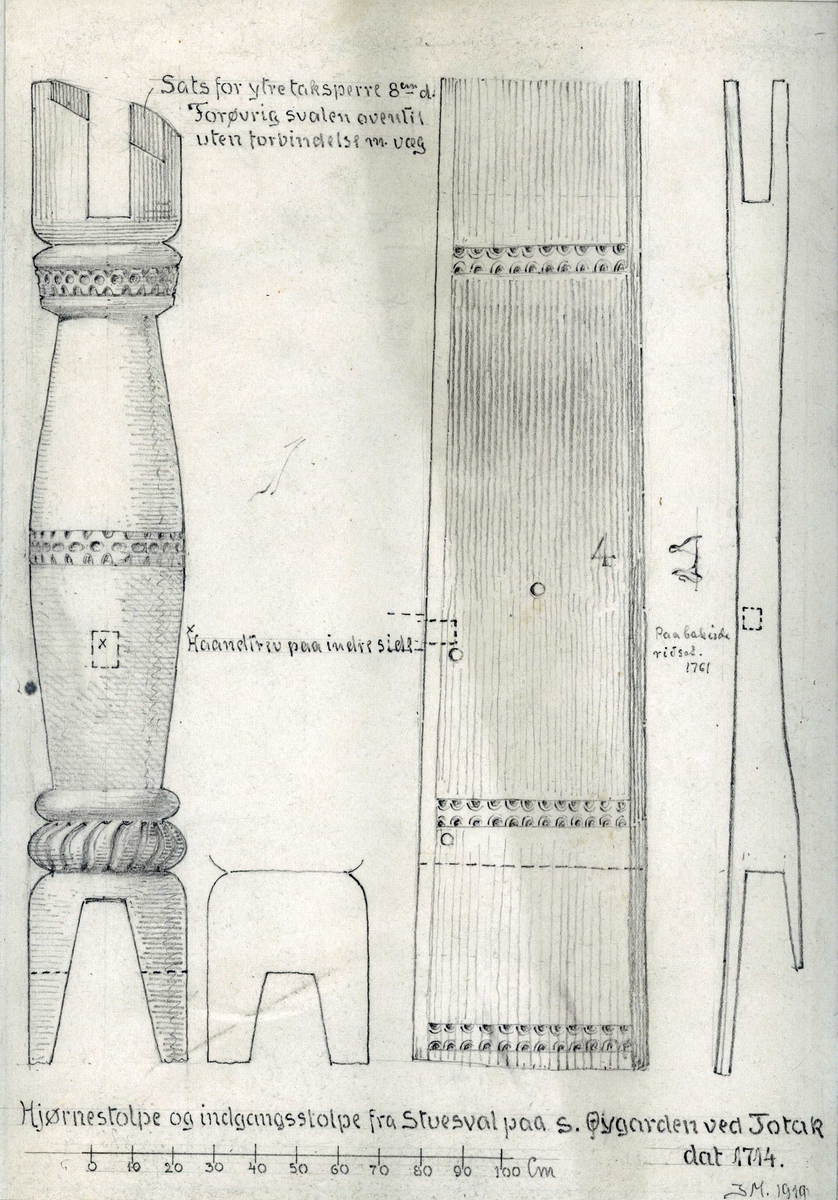 Johan J. Meyers tegninger (1919) av div. svalstolper på forskjellige gårder i  Vinje, Telemark. 
1. Hjørne- og inngangsstolpe fra svalstuen, datert 1714,  Øygarden, Rauland, Vinje, Telemark.
2. Svalstolpe, datert 1747,  Botten, Vinje, Telemark. Ant. fra stuen på Opigard, Vinje, Telemark.
3. Svalstolpe, Midtgarden, Rauland, Vinje, Telemark.