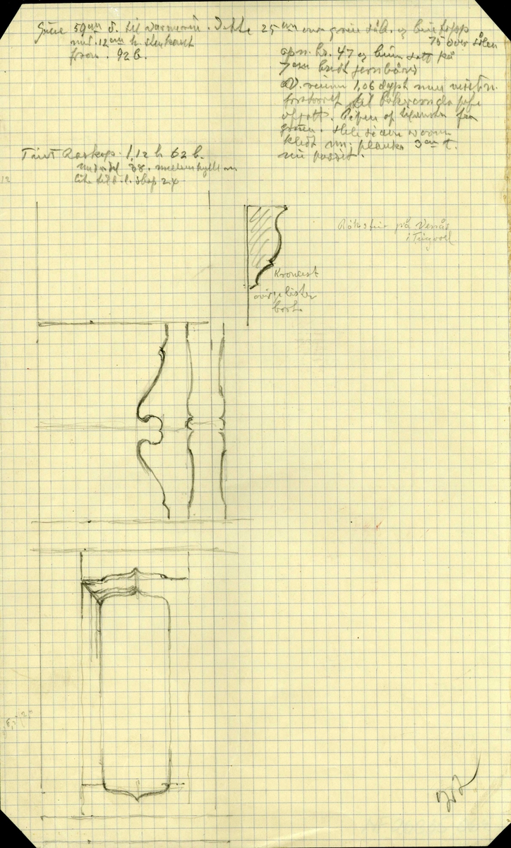 Johan J. Meyers tegning (1937) av dekor på post mellom stue- og klevedør samt profiler, Venås, Tingvoll, Møre og Romsdal.