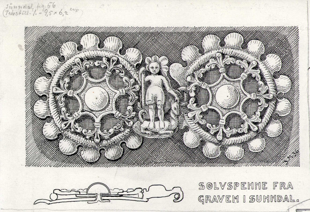 Johan J. Meyers tegning (1936) av : 1. Lysestake i messing, Øvre Nisja, Sunndal, Møre og Romsdal. 2. Sølvspenne, Gravem, Sunndal, Møre og Romsdal. 3. Sølvspenne, Gjøragrennen, Sunndal, Møre og Romsdal.