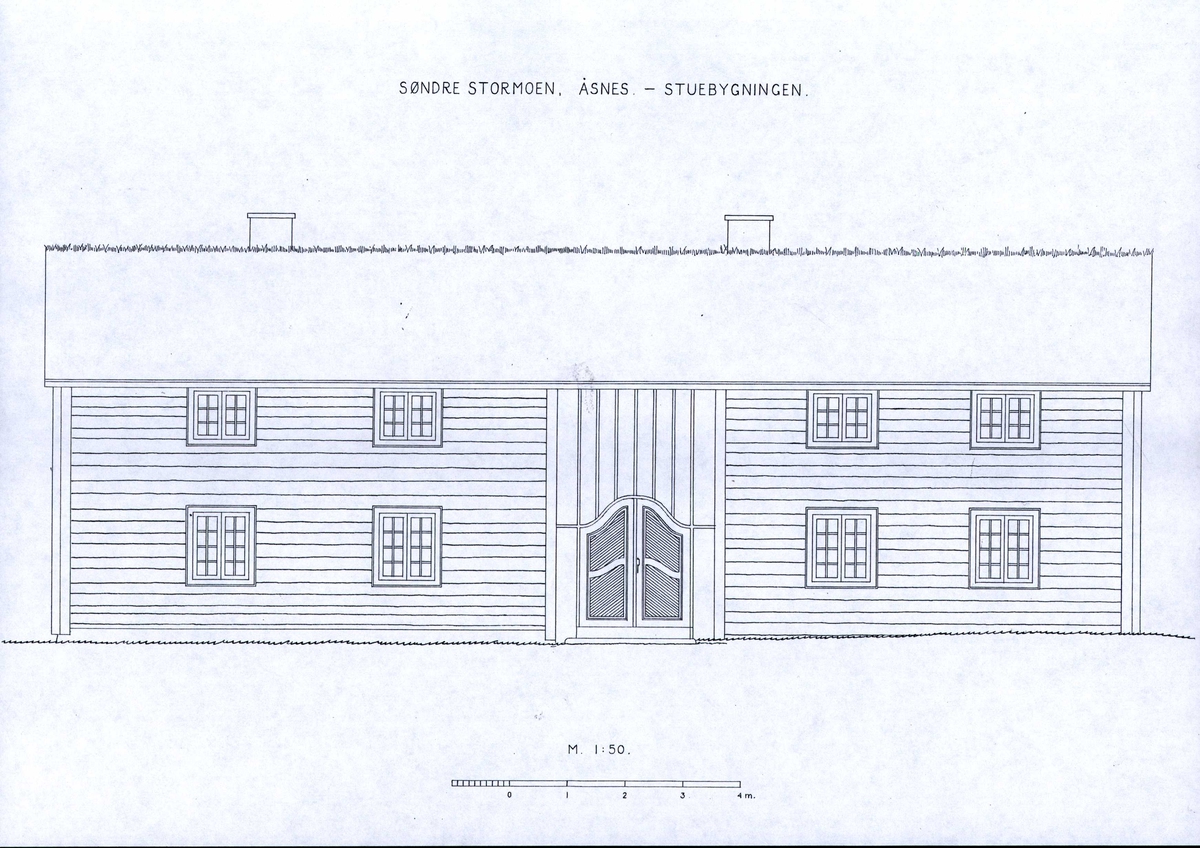 Erling Gjones tegning (1934) av stuebygning, Søndre Stormoen, Åsnes, Hedmark. 