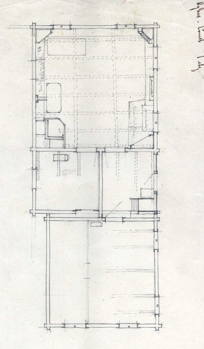 Plantegning av bygning (våningshus og stall?), Nyhus, Lønset, Oppdal, Sør-Trøndelag. 