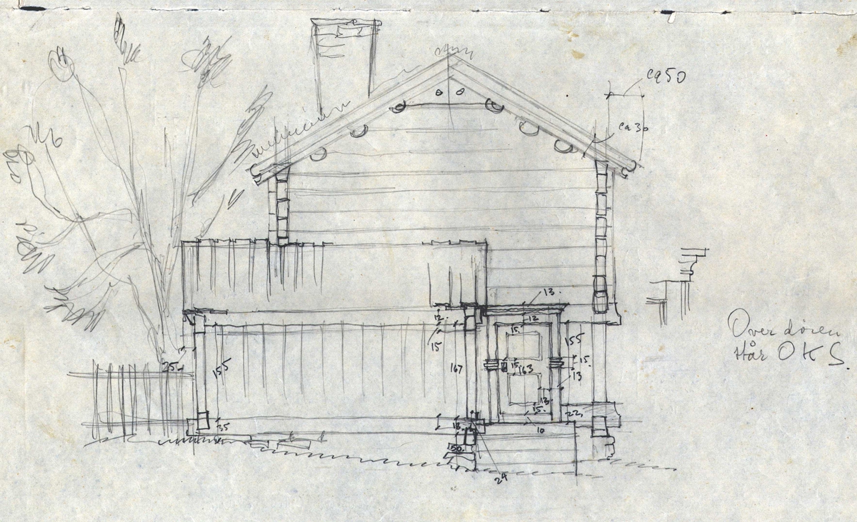 Tegning med oppmåling av stuebygning, Nyenget, Lønset, Oppdal, Sør-Trøndelag. 