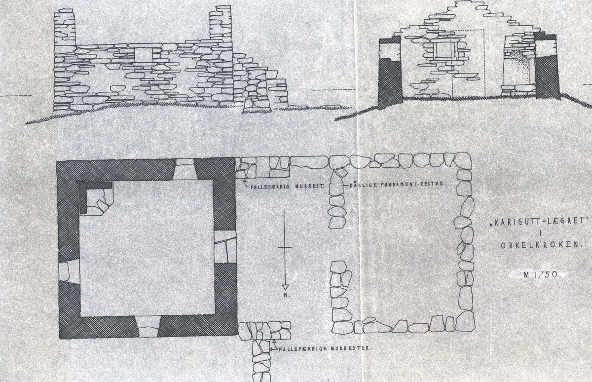 Tegning av ruiner, "Karigutt-lægret", Orkelkroken,  Oppdal, Sør-Trøndelag. 