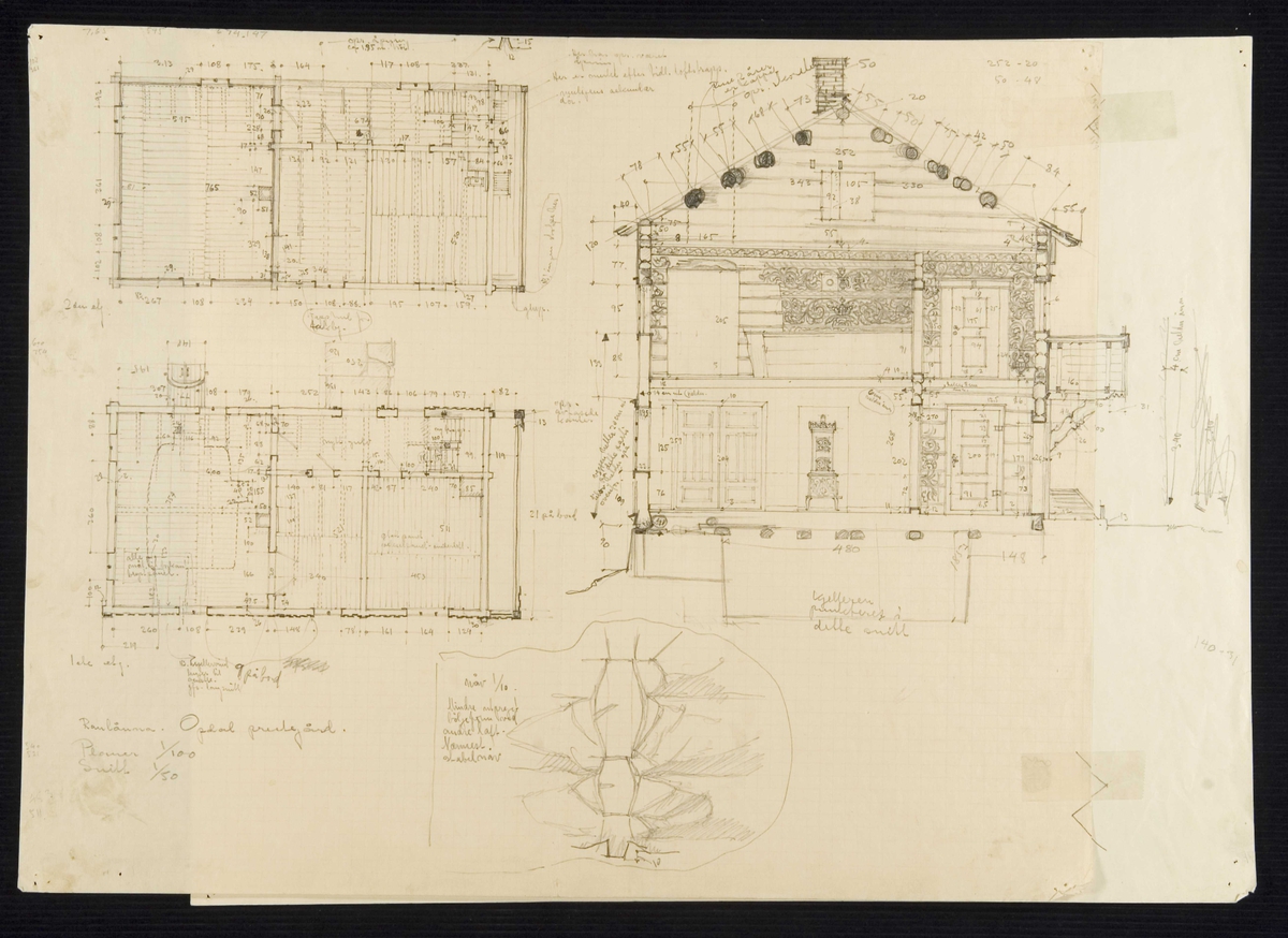 Tegning av grunnplan, tverrsnitt, og detalj av laft, "Raulånna", Oppdal prestegård, Oppdal, Sør-Trøndelag.