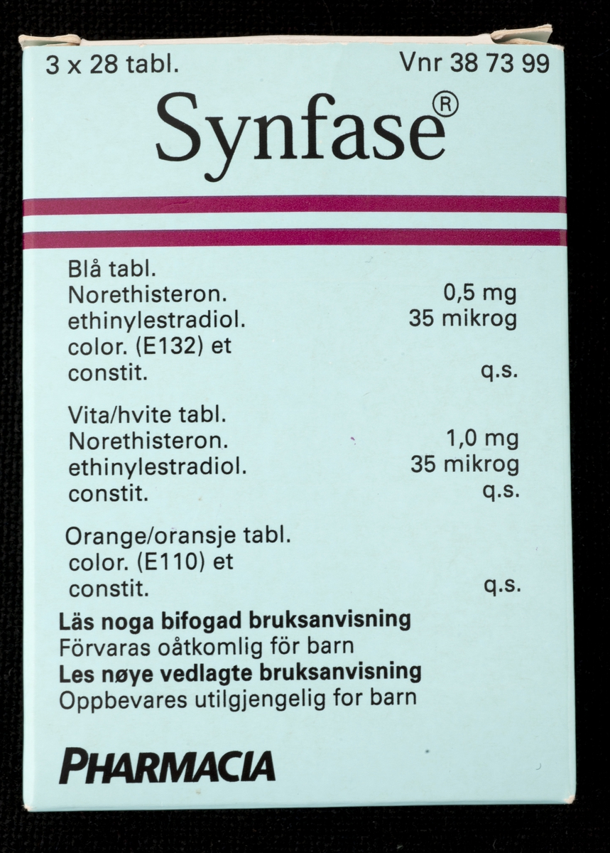 Medisineske av papp med pakningsvedlegg. Uten innhold. 
Lyseblå med to røde striper og sort skrift. 
Påtrykt preparatets navn, firmanavn og logo samt innholdsstoffene.