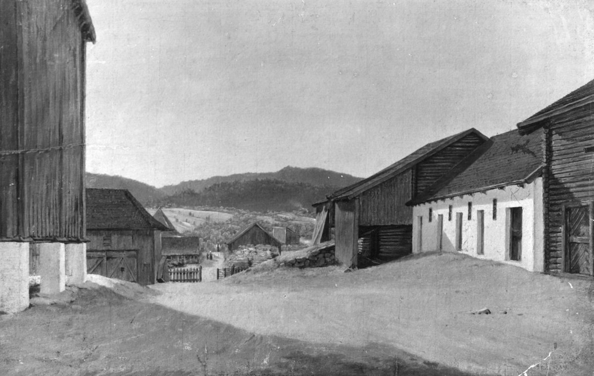 Vøien, Bærum. Avfotografert maleri av bygningene og tunet.