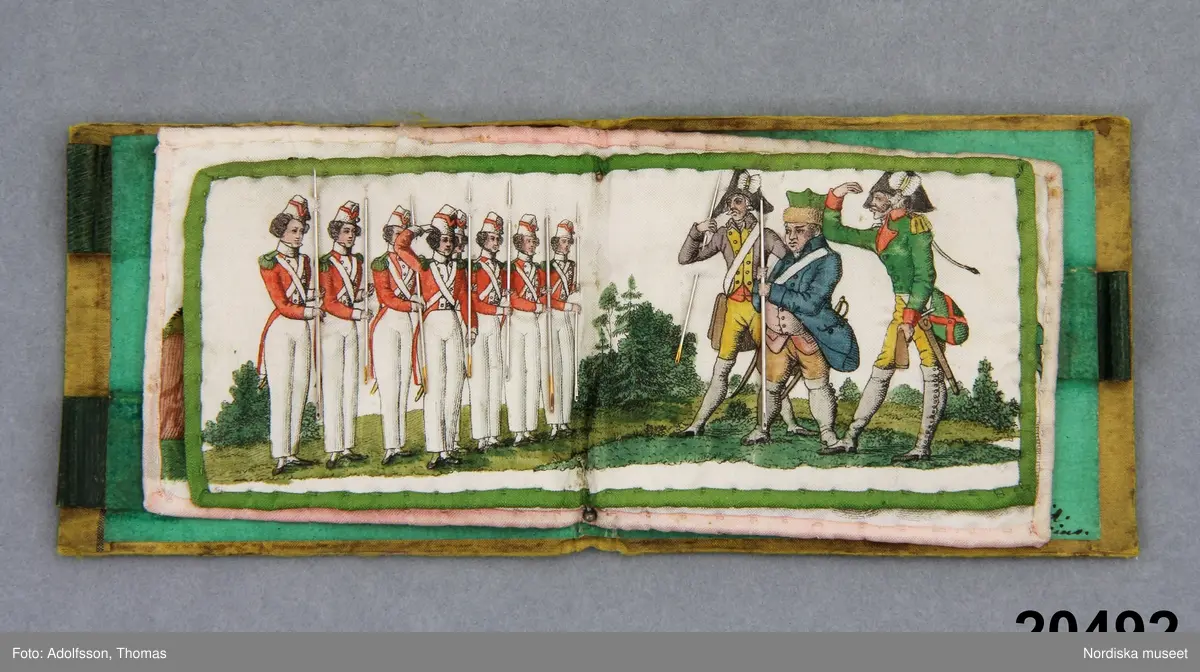 3 kvinnor som handarbetar i en utomhusscen, 2 modeklädda män. 1825-30 års modedräkt
3 unga  kvinnor i  möte med en äldre kvinna med käpp. omkr. 1825-30 års modedräkt
Antik yngling med lyra
Amor med pilbåge
Militäruppställning