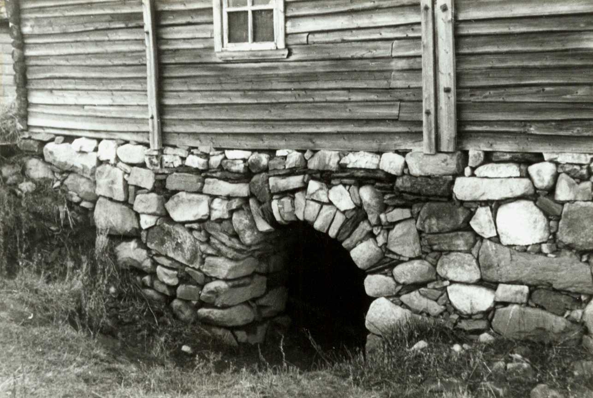 Røise (Røysi), Eidsvoll, Akershus. Gjødselkjeller under fjøs. Steinmur og del av vegg.