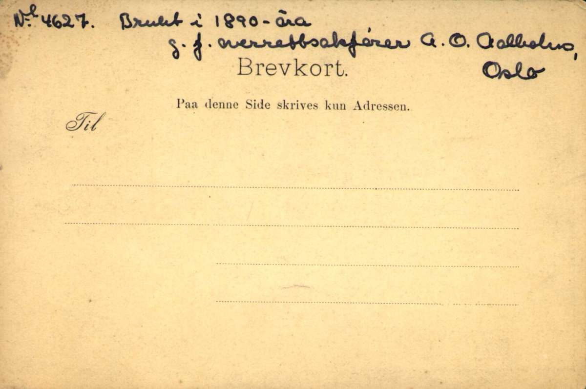 Postkort. En foss, et hus og en paviljong, Modum. Påskrevt bak på postkortet "Brukt i 1890 åra".