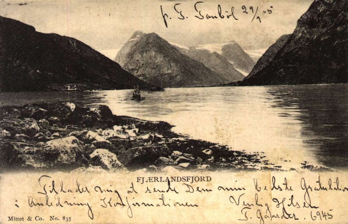 Postkort. Båter på Fjærlandsfjorden. Datert 29.09.1905.